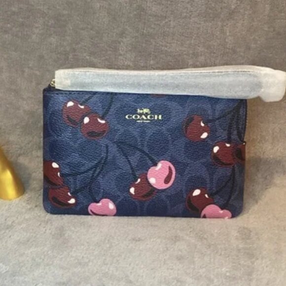 COACH Denim Multi Signature Canvas with Cherry Print Corner Zip Wristlet NWT - Picture 5 of 8